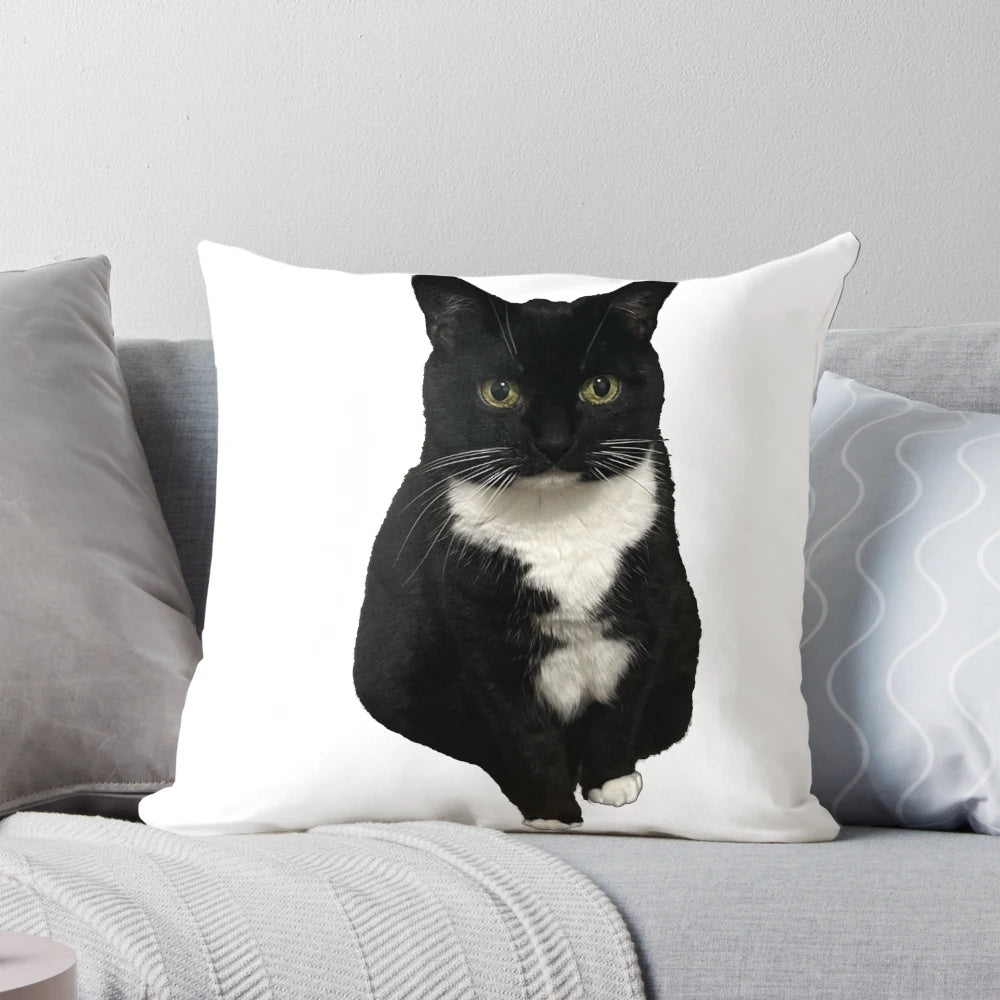 Plush black and white tuxedo cat pillow for cozy home decor