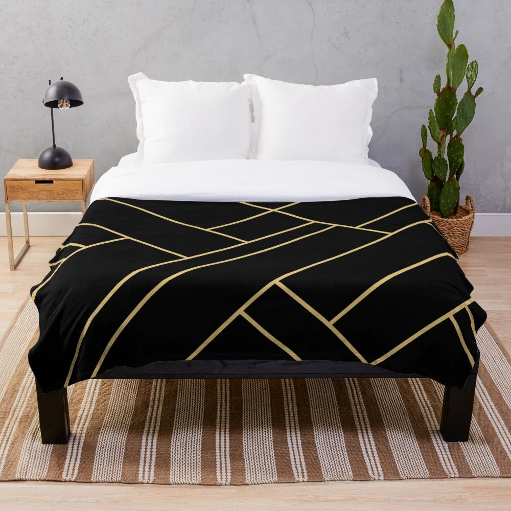 Black and gold geometric pattern plush blanket