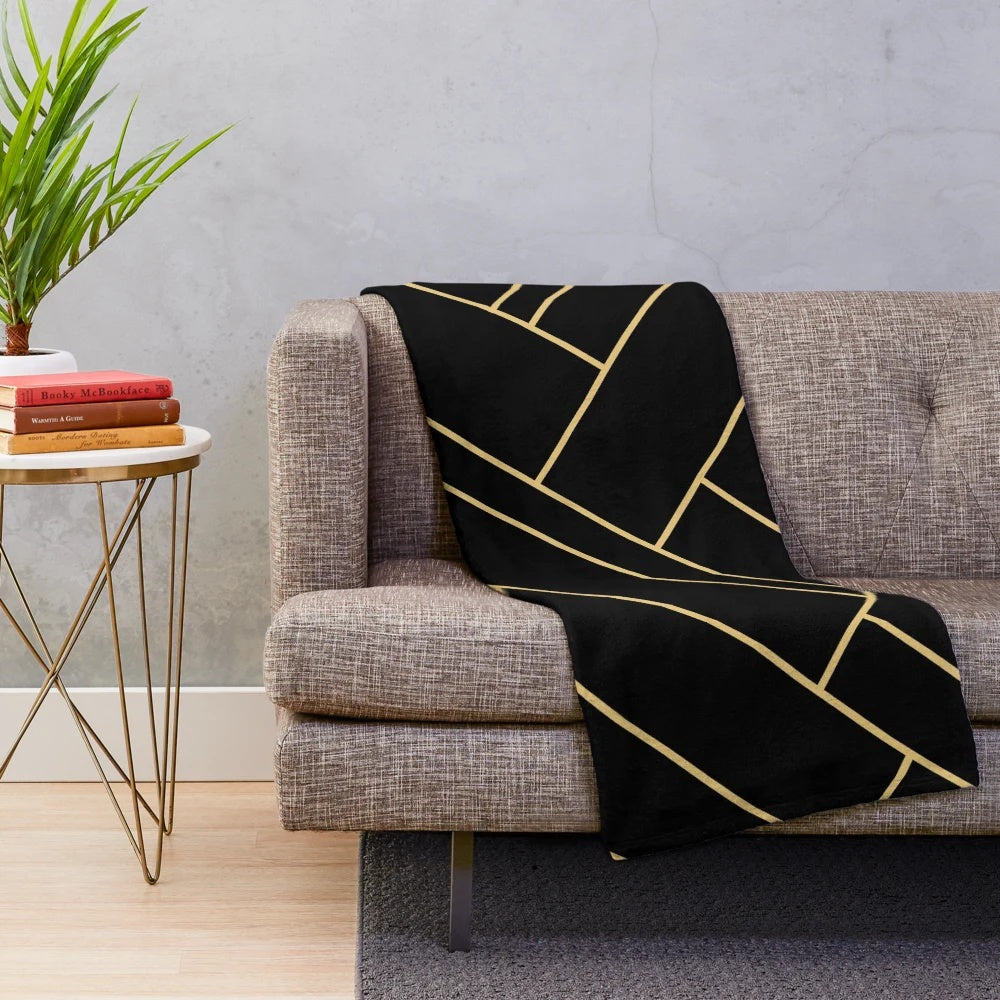 Black and gold geometric pattern plush blanket