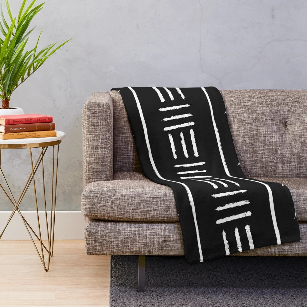 Black mudcloth inspired plush blanket with tribal patterns