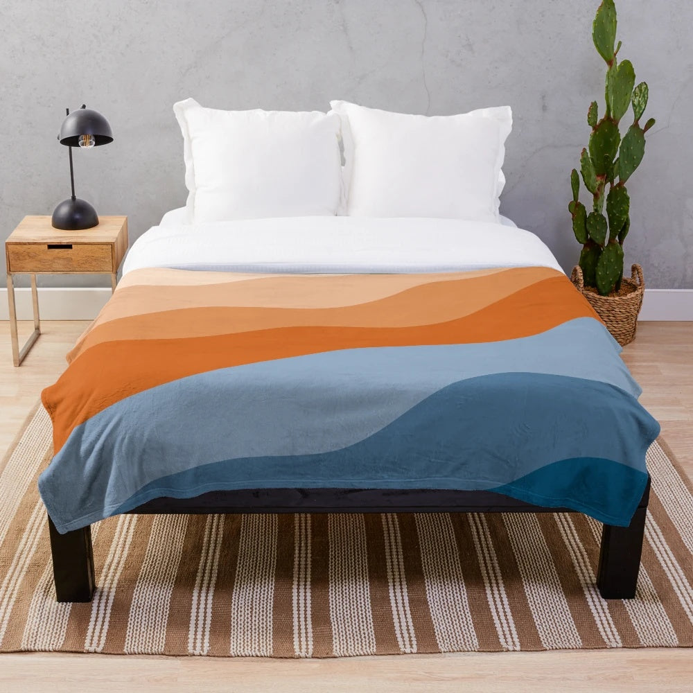 Blue and orange abstract waves pattern plush blanket