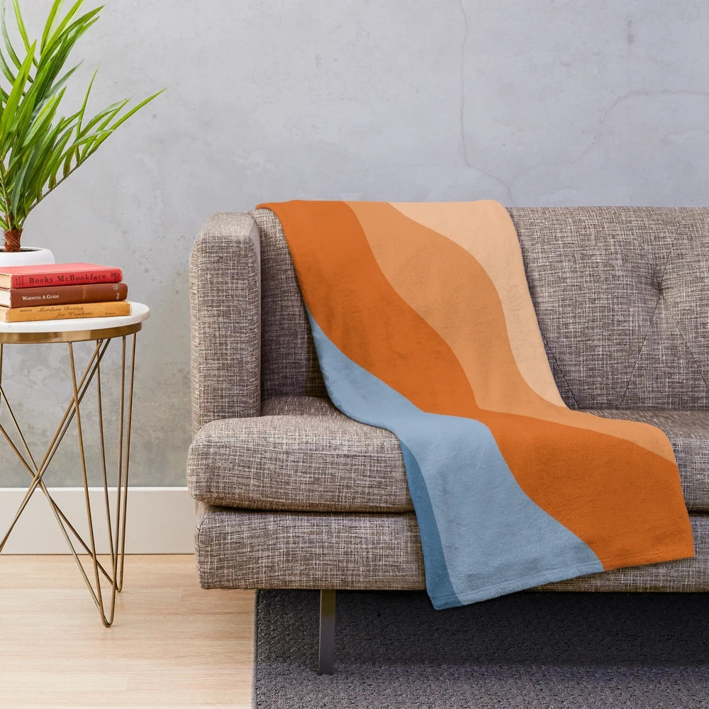 Blue and orange abstract waves pattern plush blanket