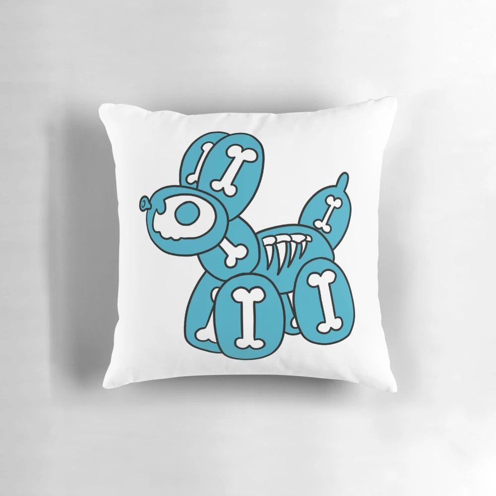 Playful blue pillow shaped like a balloon dog with a skeleton design