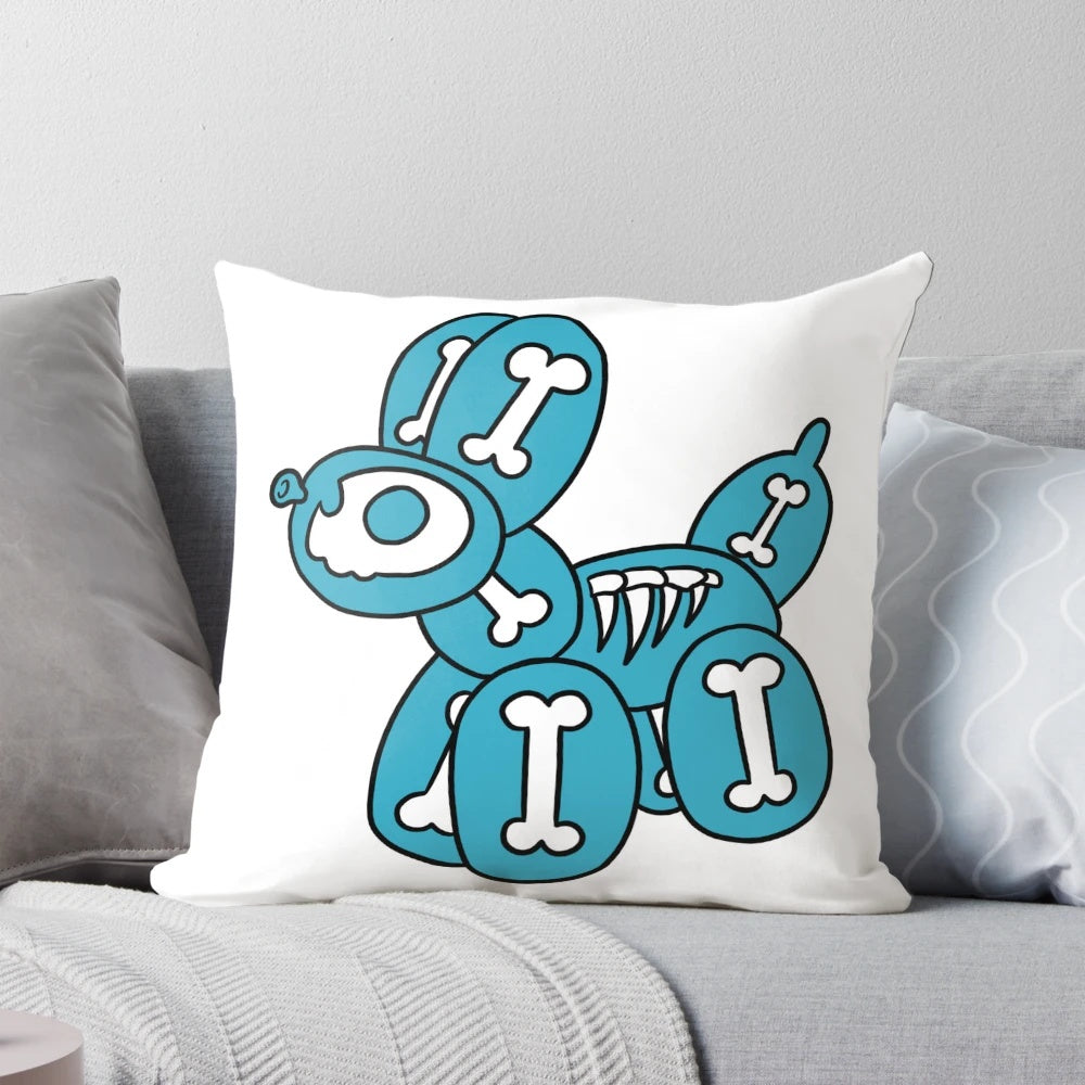Playful blue pillow shaped like a balloon dog with a skeleton design