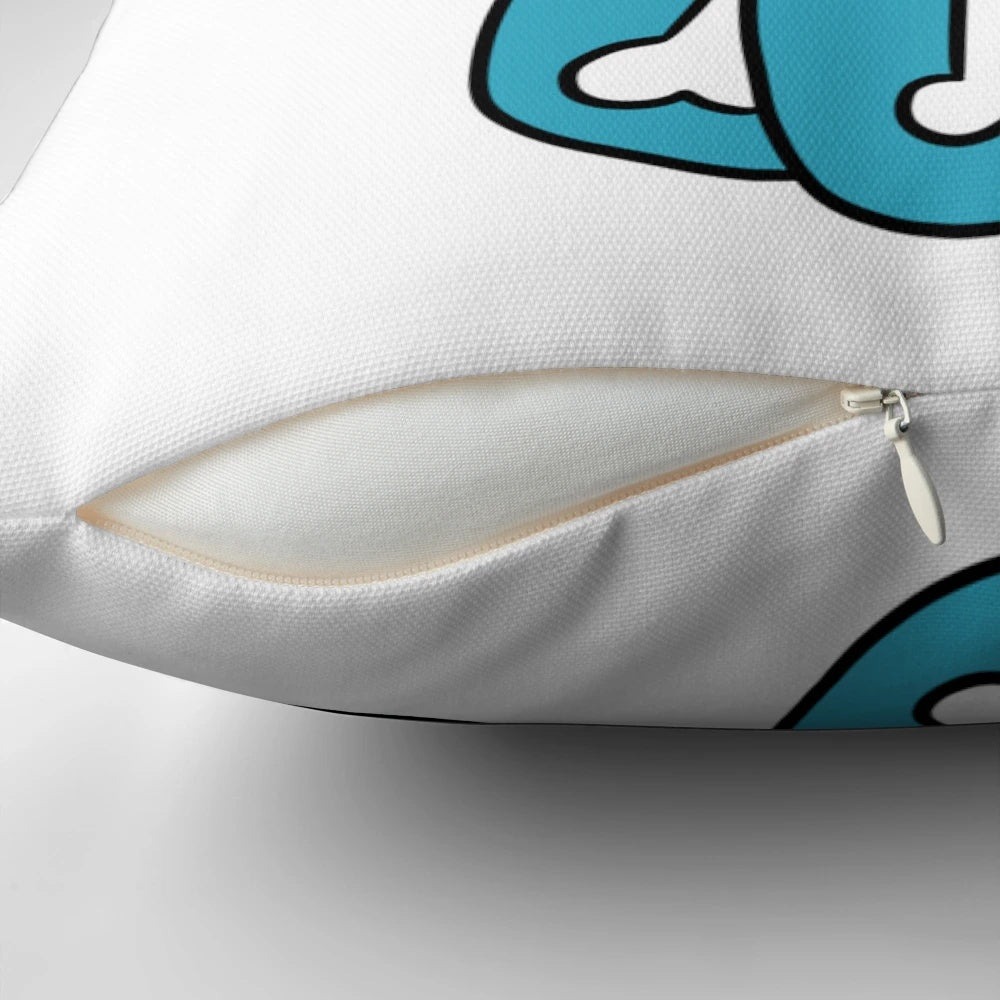 Playful blue pillow shaped like a balloon dog with a skeleton design