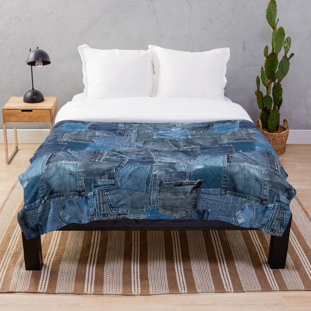 Blue denim jeans patchwork plush blanket