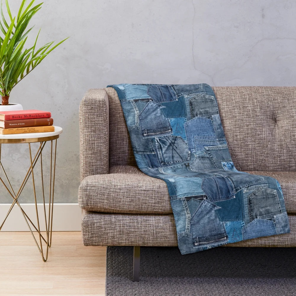 Blue denim jeans patchwork plush blanket