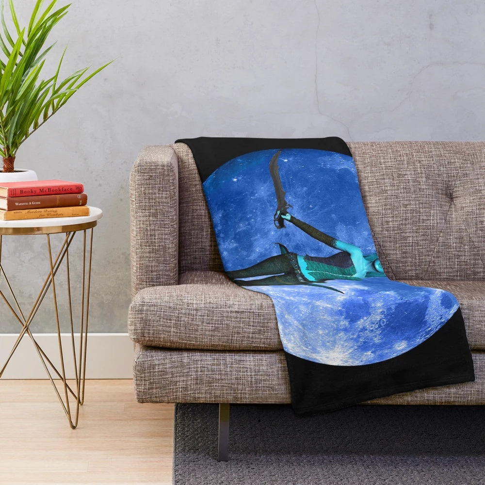 Blue moon warrior plush blanket with vibrant fantasy design