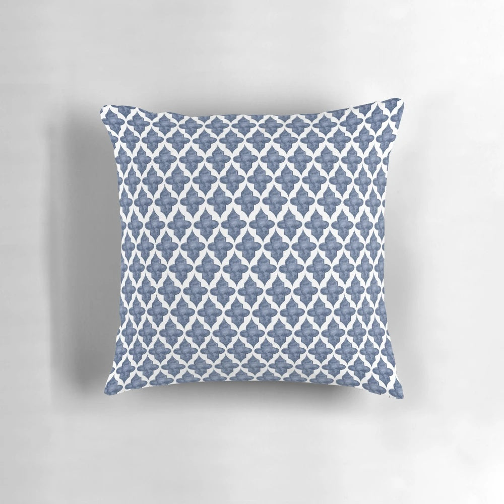 Blue patterned watercolor pillow with a unique shape, ideal for Hampton style home decor