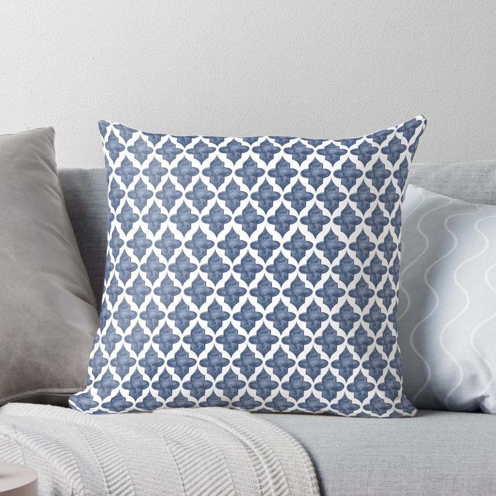 Blue patterned watercolor pillow with a unique shape, ideal for Hampton style home decor