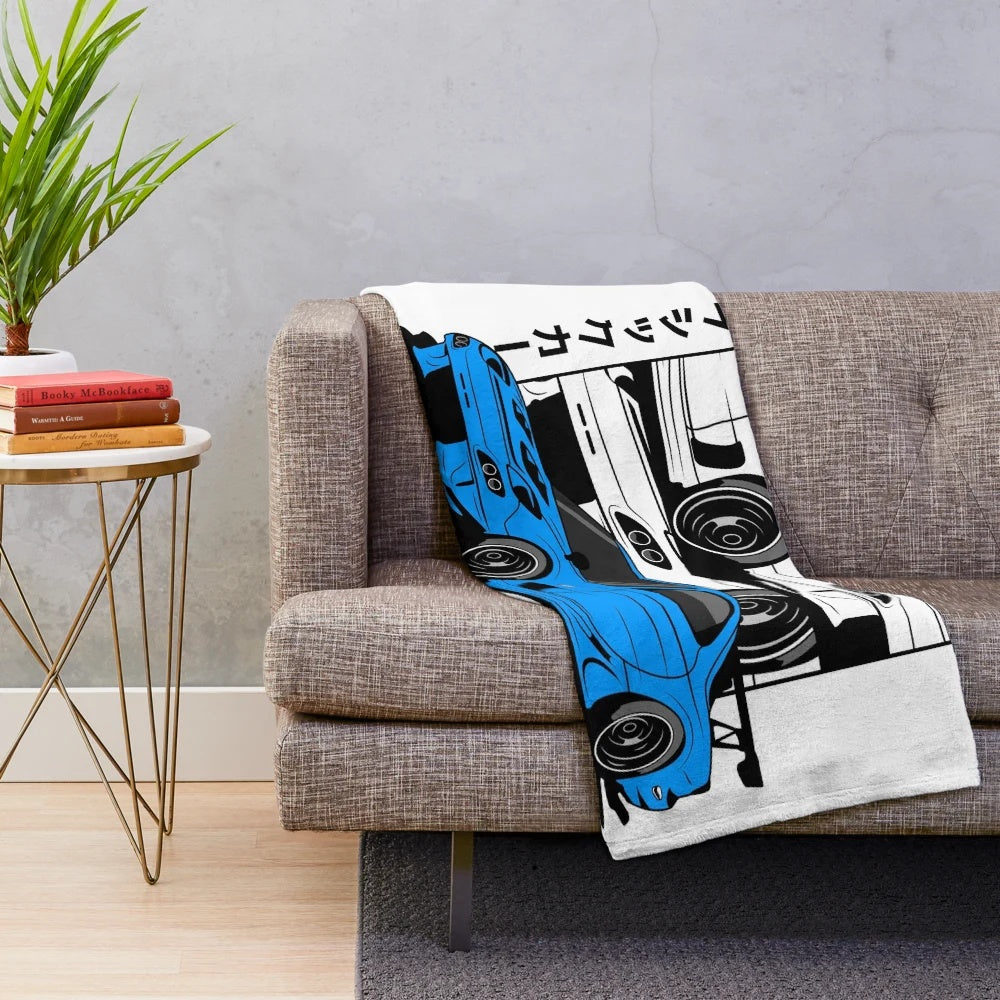 Blue plush blanket featuring a design inspired by the iconic Mazda RX7 FD3S rotary sports car