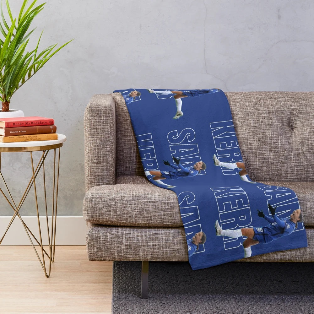 Blue plush blanket with graphic design inspired by Chelsea FC and Australian soccer player Sam Kerr