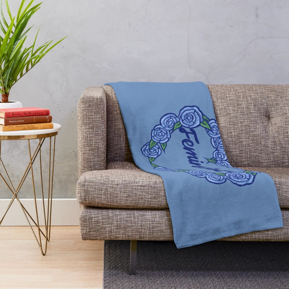 Blue plush blanket with feminist and rose pattern design