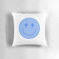 Blue smiley face pillow with lightning bolt design