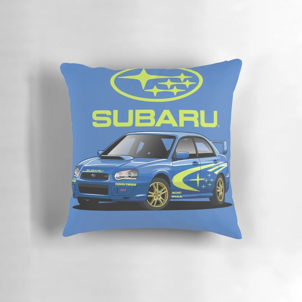 Blue Subaru-themed decorative pillow with a sleek, automotive design