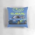 Blue Subaru-themed decorative pillow with a sleek, automotive design