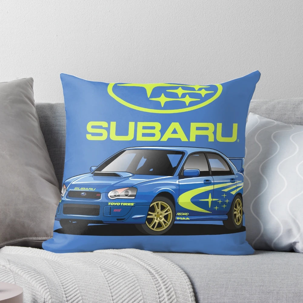 Blue Subaru-themed decorative pillow with a sleek, automotive design