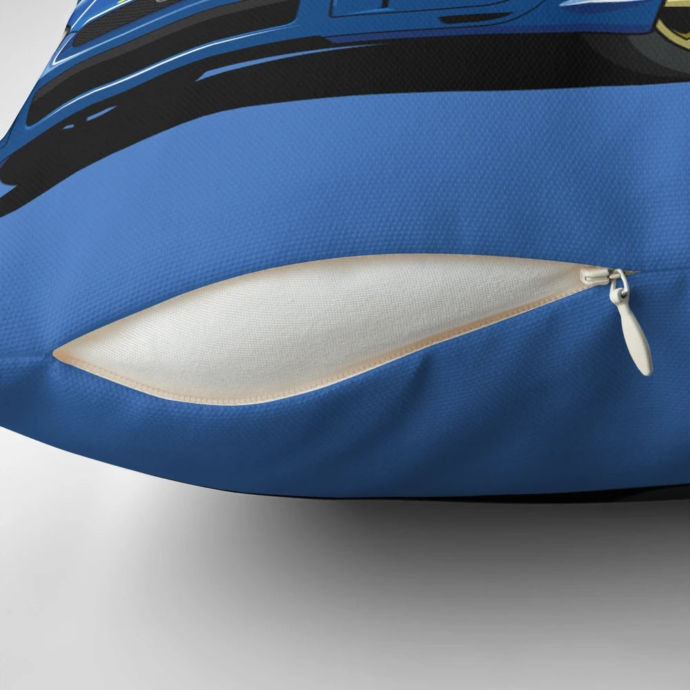 Blue Subaru-themed decorative pillow with a sleek, automotive design