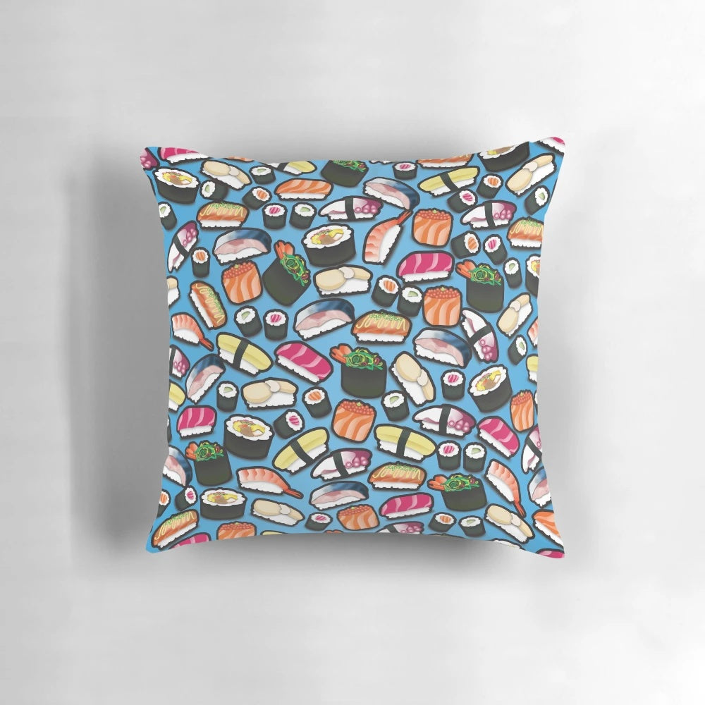 Blue Sushi Themed Decorative Throw Pillow for Living Room or Bedroom