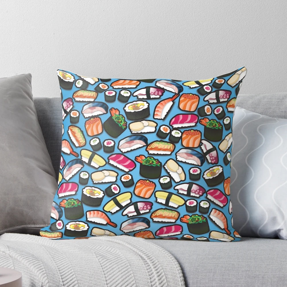 Blue Sushi Themed Decorative Throw Pillow for Living Room or Bedroom