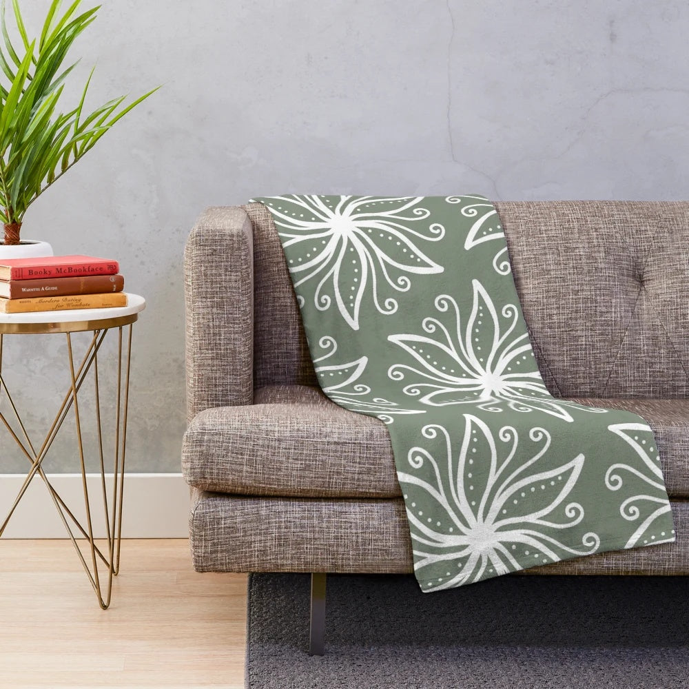 Olive green and white bohemian pattern plush blanket