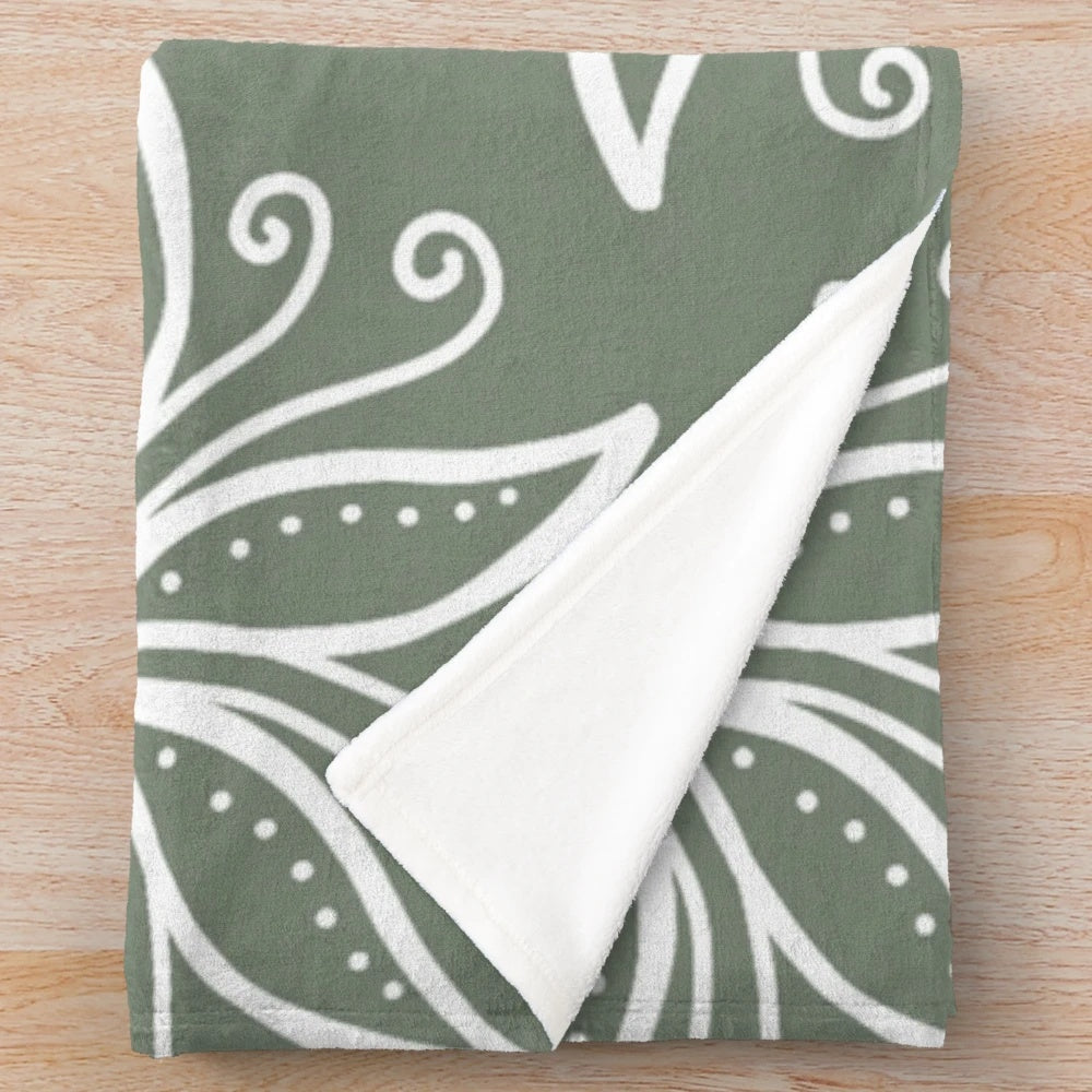 Olive green and white bohemian pattern plush blanket