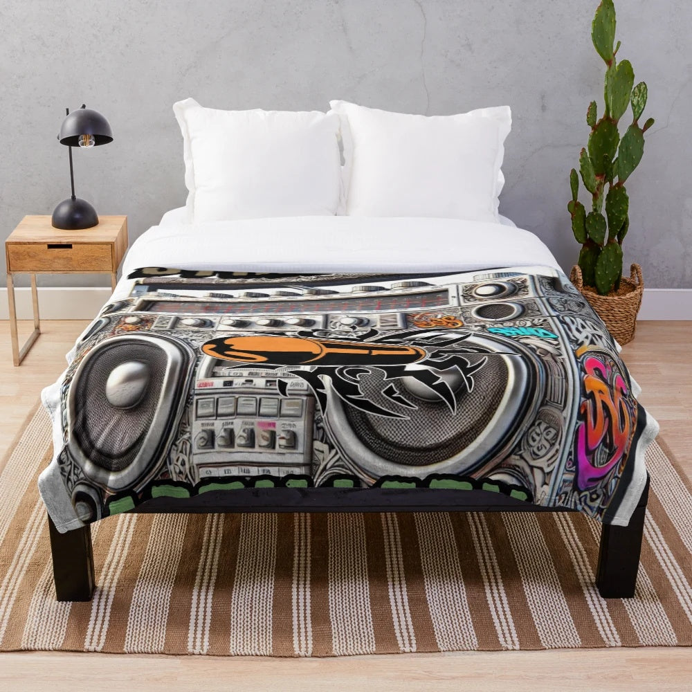 Plush blanket featuring a boombox and graffiti-inspired design