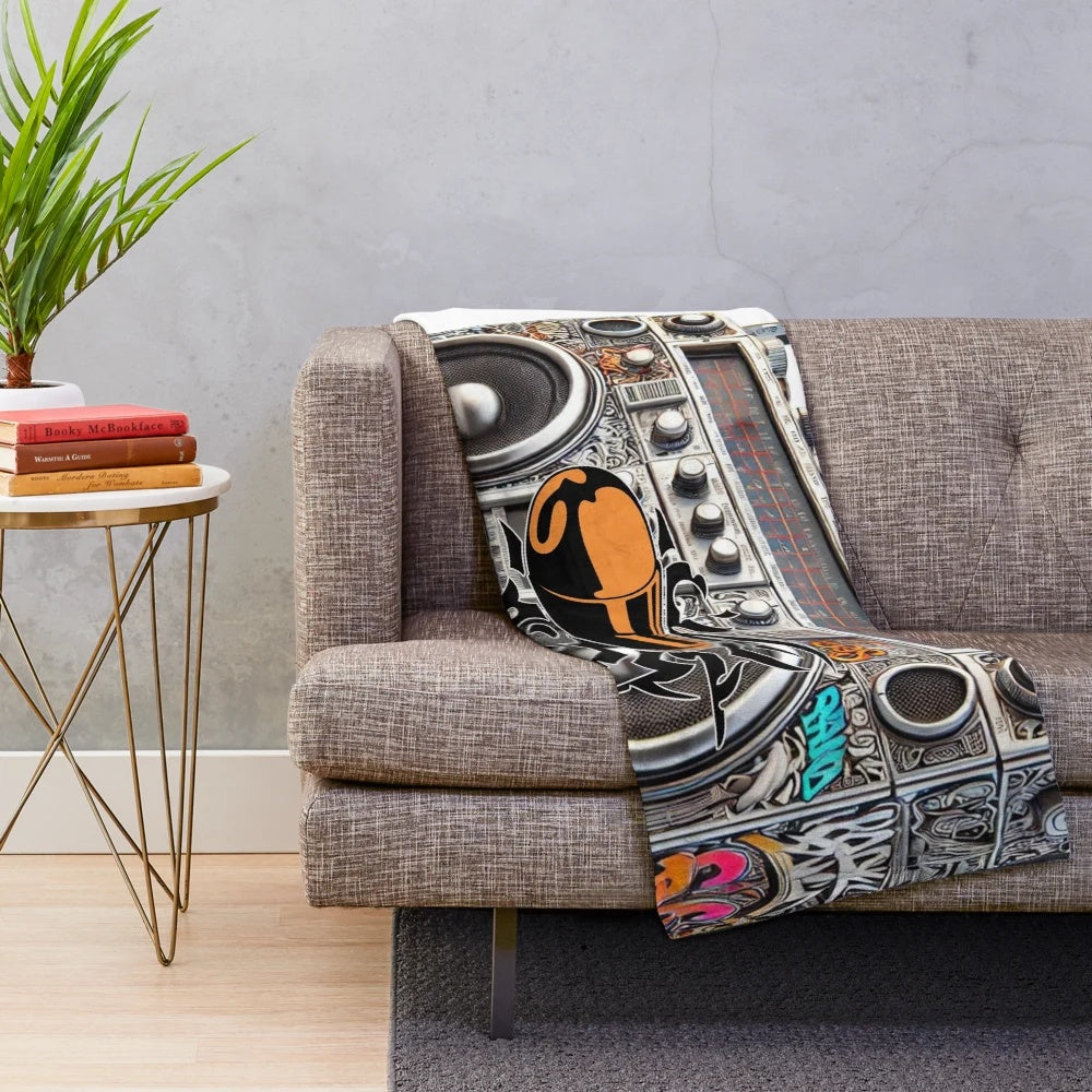 Plush blanket featuring a boombox and graffiti-inspired design