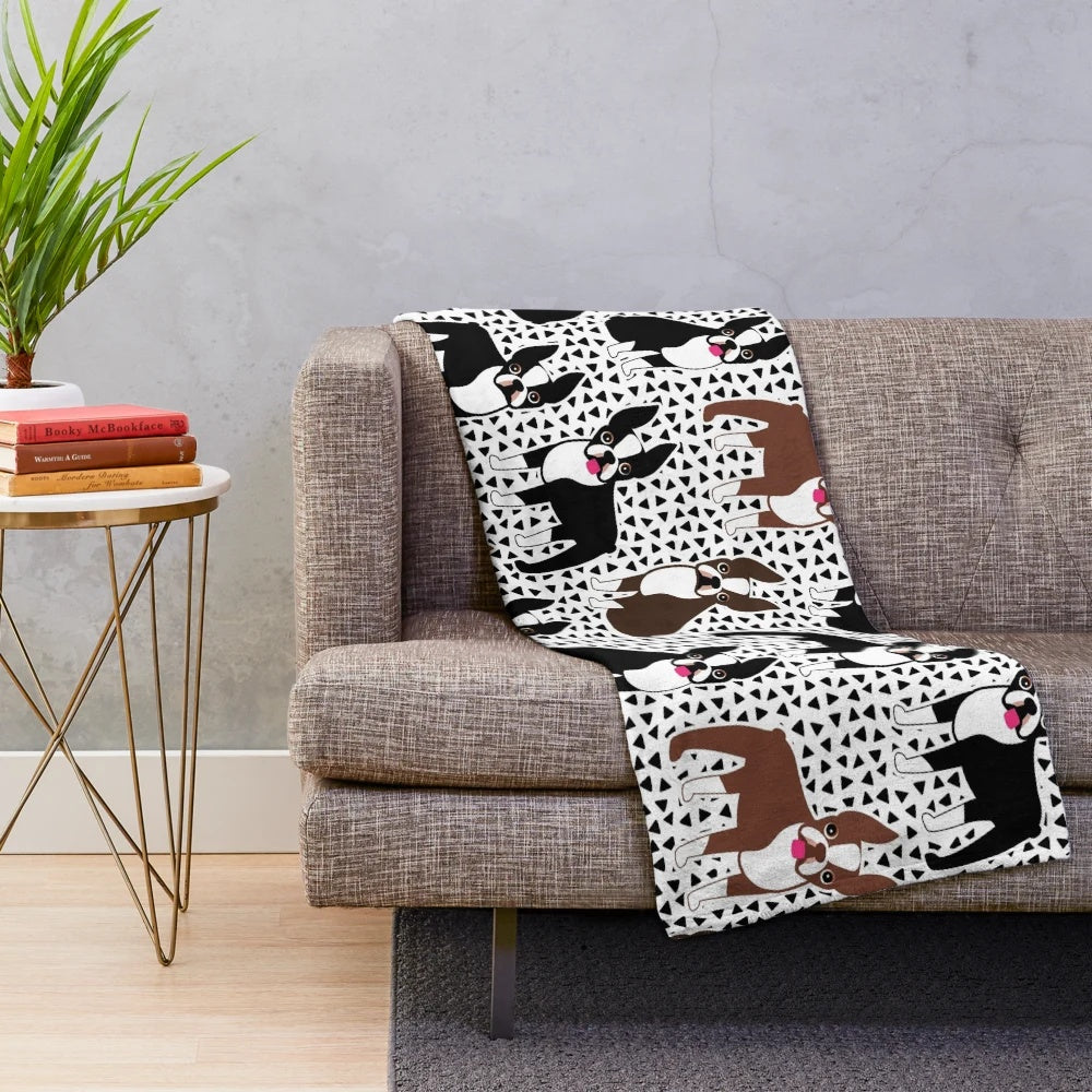 Boston Terrier Plush Blanket with Mid-Century Modern Design