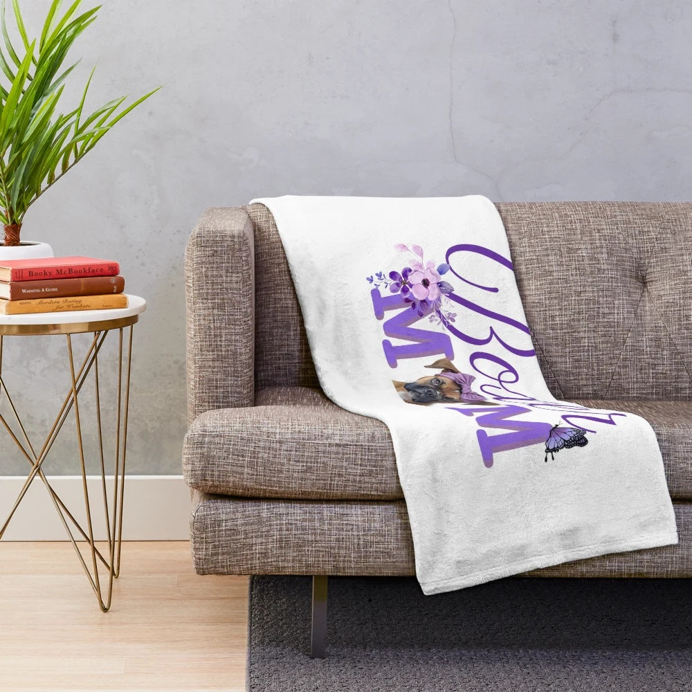 Plush blanket featuring a boxer dog mom design with a purple bow, flowers, and a butterfly