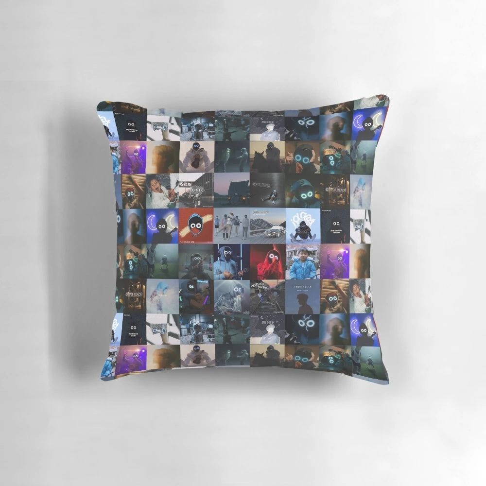 BoyWithUke Collage Pillow with Ukulele, Music, and Album Cover Artwork