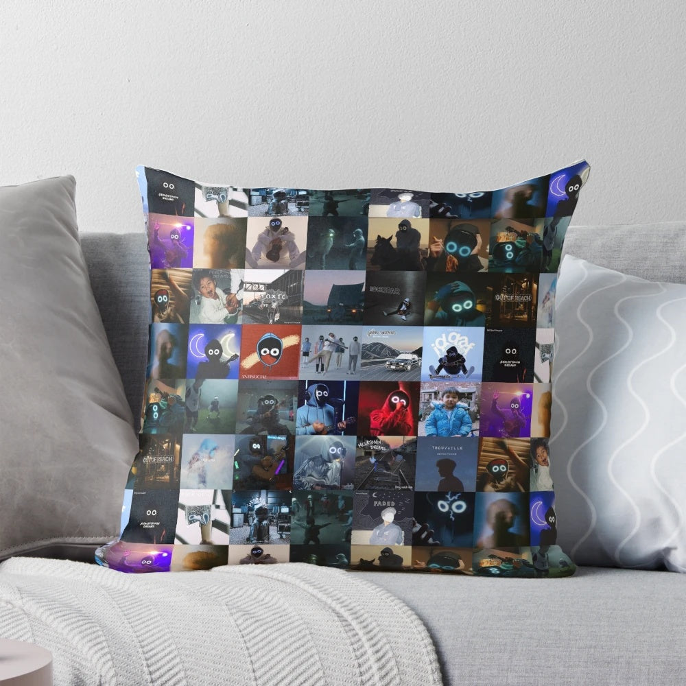 BoyWithUke Collage Pillow with Ukulele, Music, and Album Cover Artwork