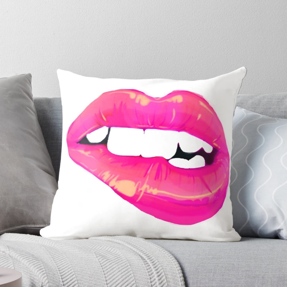 Bright pink decorative pillow with a teasing design for adding a touch of vibrancy to any room.