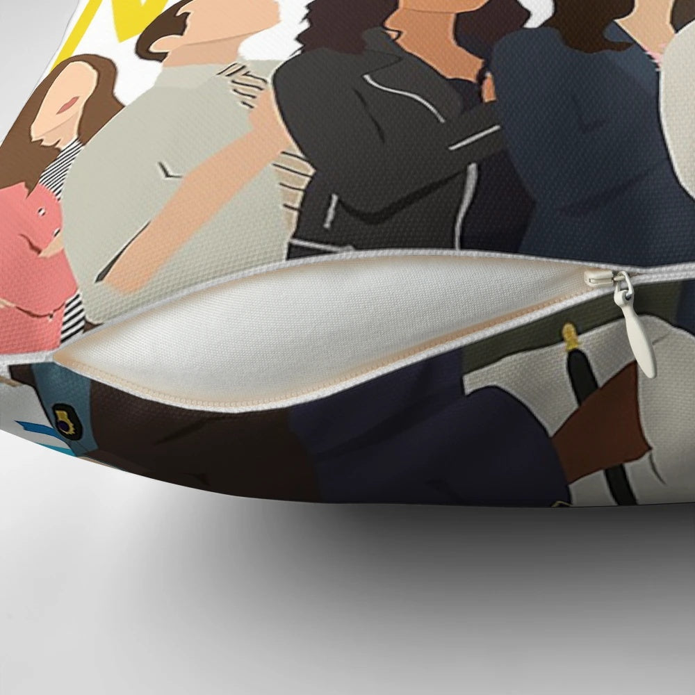 Colorful and fun Brooklyn Nine-Nine themed decorative pillow with character illustrations