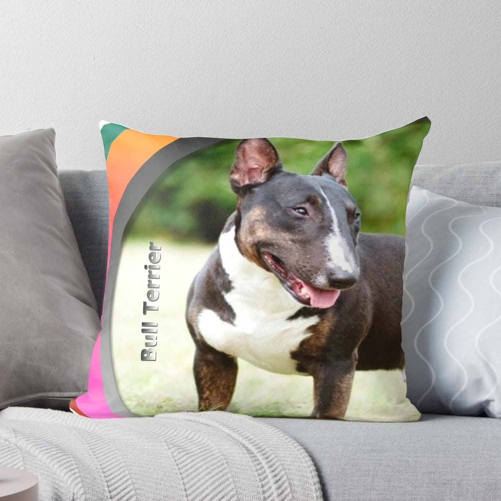 Pillow featuring a bold and playful bull terrier dog breed design