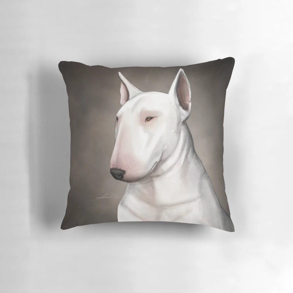 A plush, high-quality bull terrier throw pillow featuring the breed's distinctive markings and powerful build.