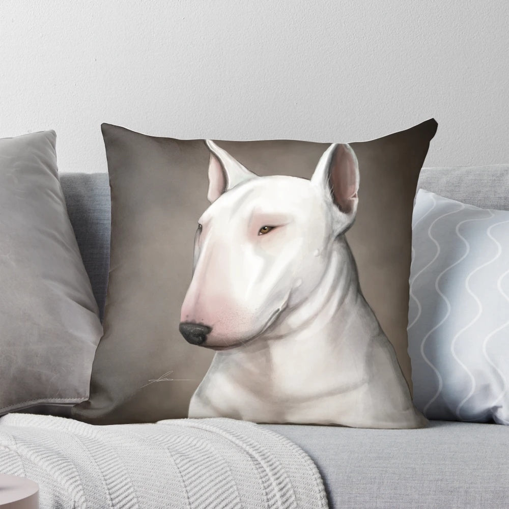 A plush, high-quality bull terrier throw pillow featuring the breed's distinctive markings and powerful build.