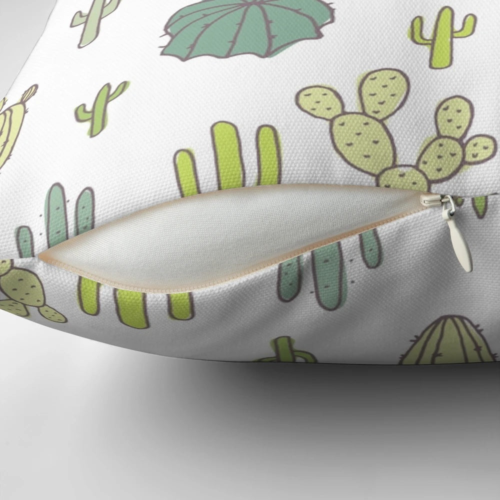 Vibrant cactus print pillow with pink, green, and tropical patterns for a modern, nature-inspired look.