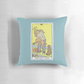 A modern, parody tarot-themed throw pillow with a cat lady design.