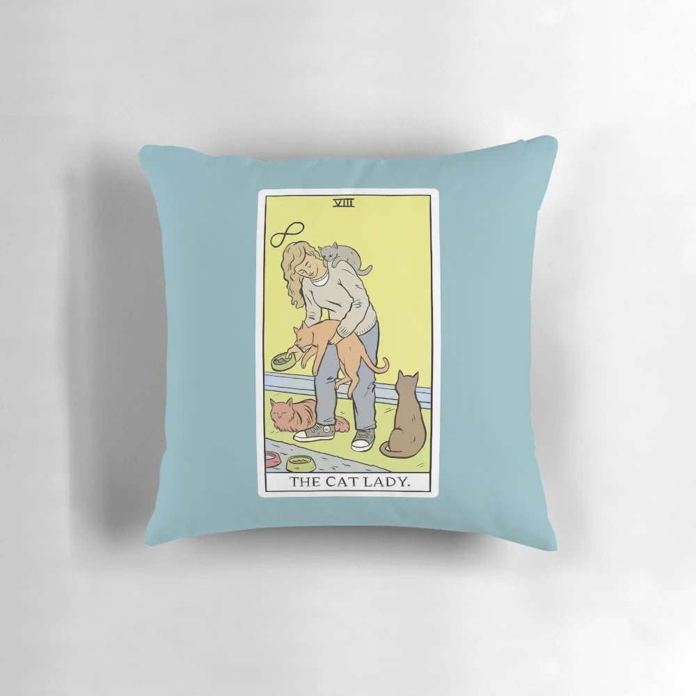 A modern, parody tarot-themed throw pillow with a cat lady design.
