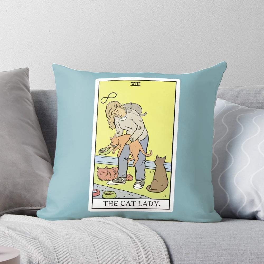 A modern, parody tarot-themed throw pillow with a cat lady design.