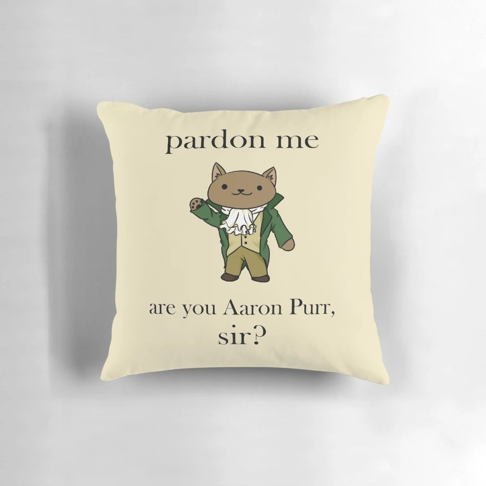 An illustration of a black cat wearing an Alexander Hamilton-inspired outfit on a pillow.