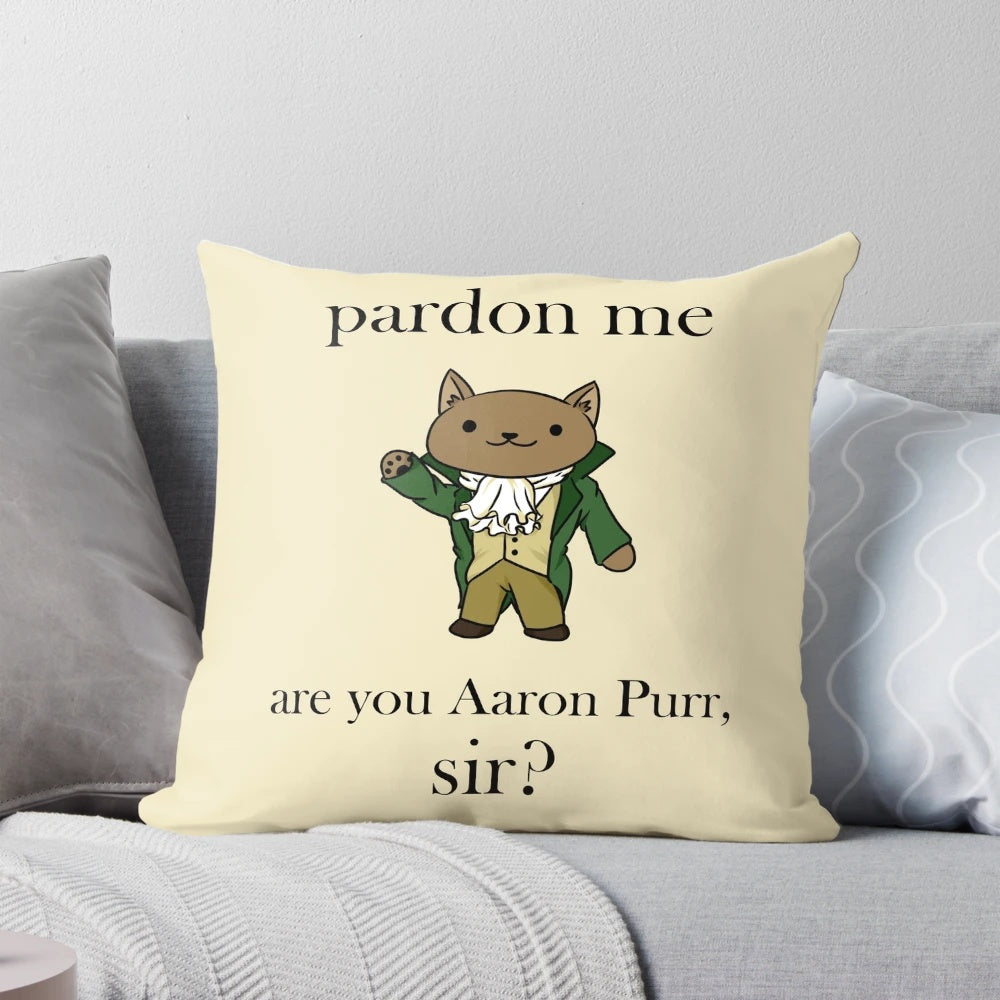 An illustration of a black cat wearing an Alexander Hamilton-inspired outfit on a pillow.