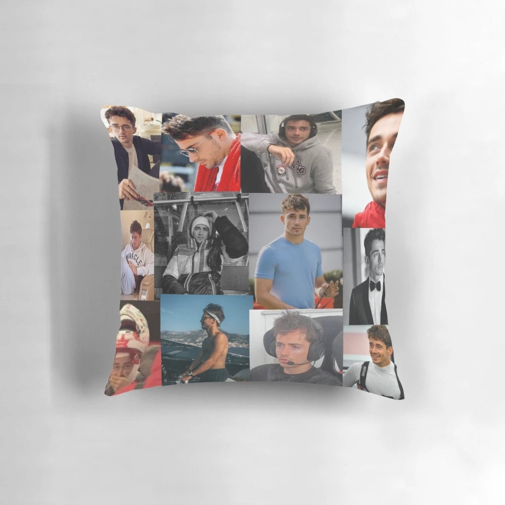 A stylish pillow featuring a collage of Charles Leclerc, the popular Formula 1 driver.