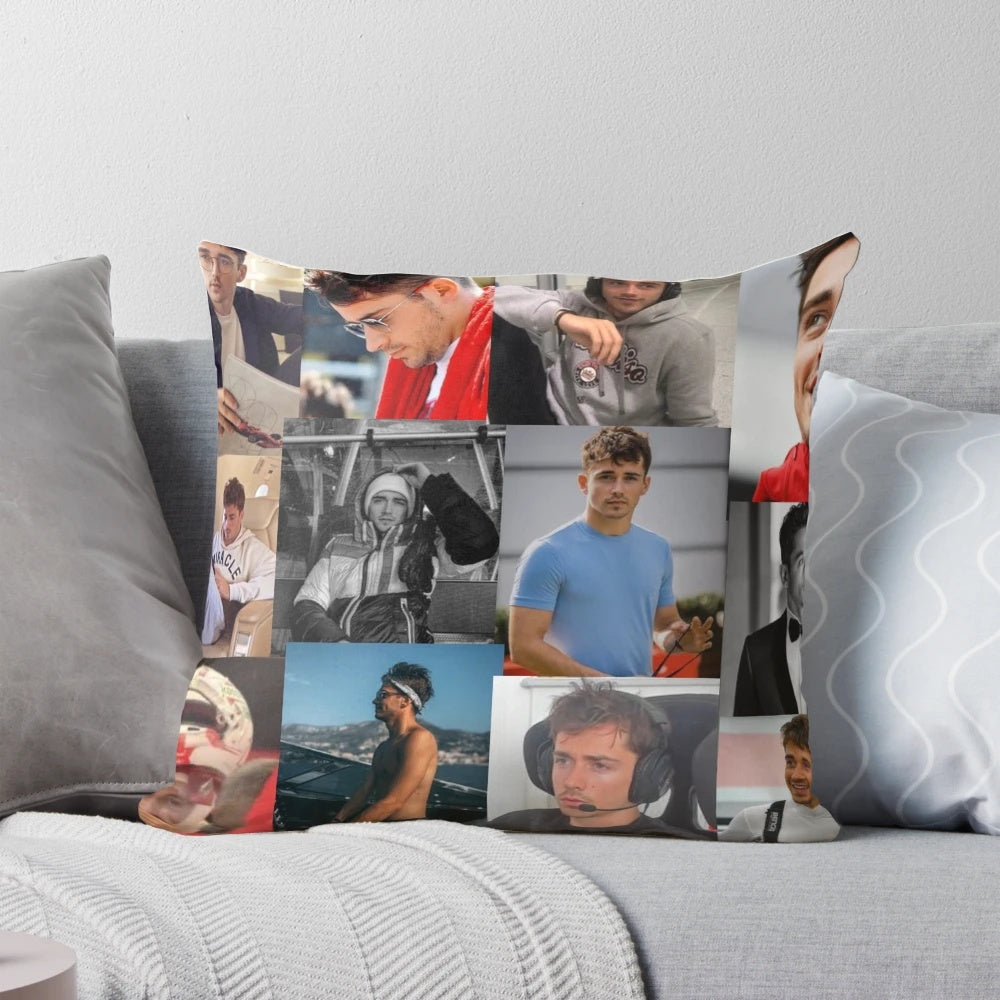 A stylish pillow featuring a collage of Charles Leclerc, the popular Formula 1 driver.