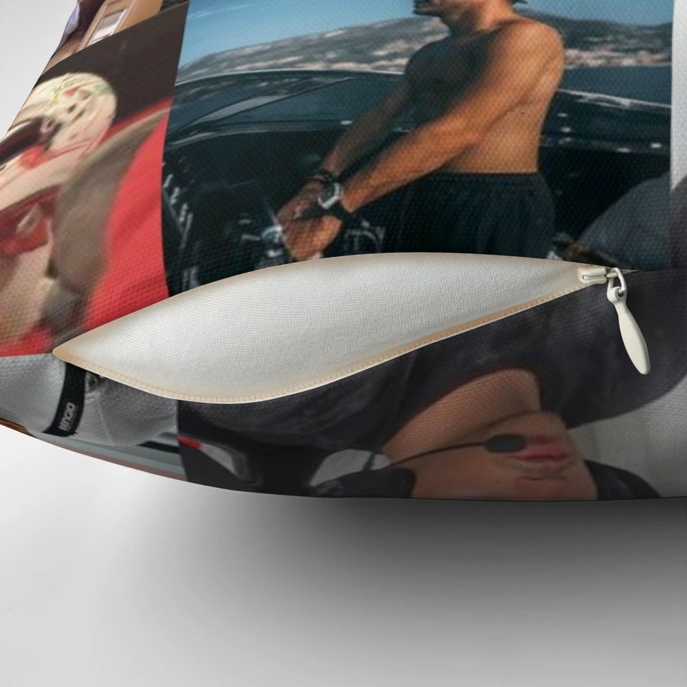 A stylish pillow featuring a collage of Charles Leclerc, the popular Formula 1 driver.