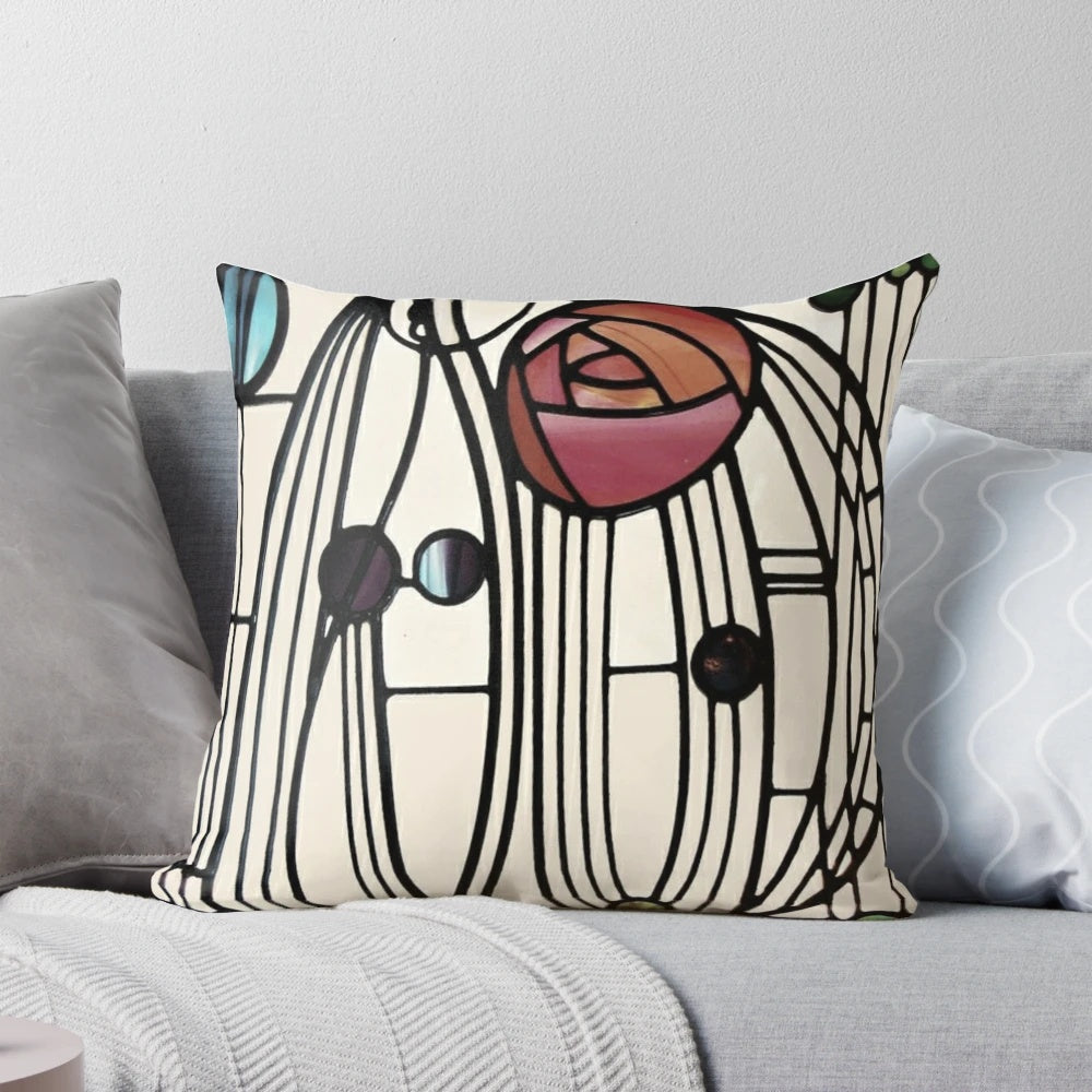 Vibrant floral pillow with Charles Rennie Mackintosh-inspired design