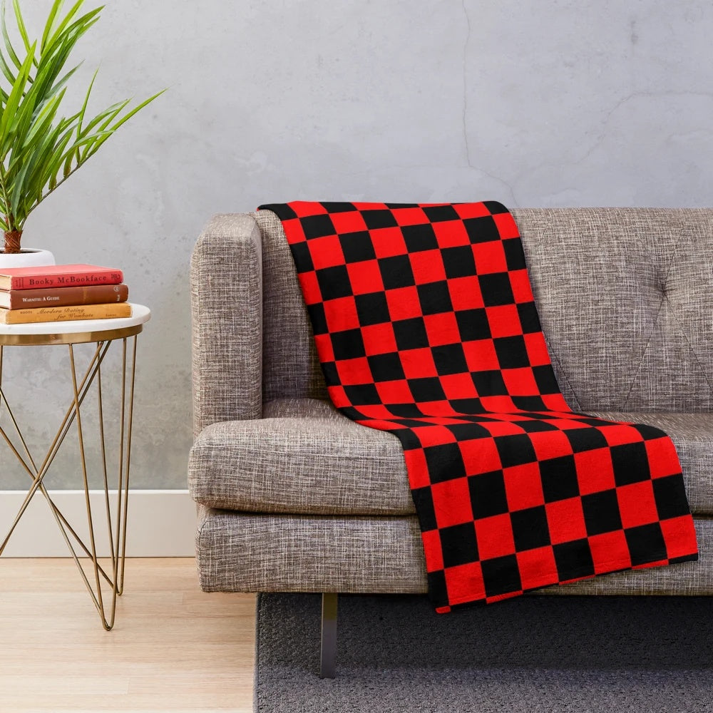 Checkered plush blanket in black and red for home decor