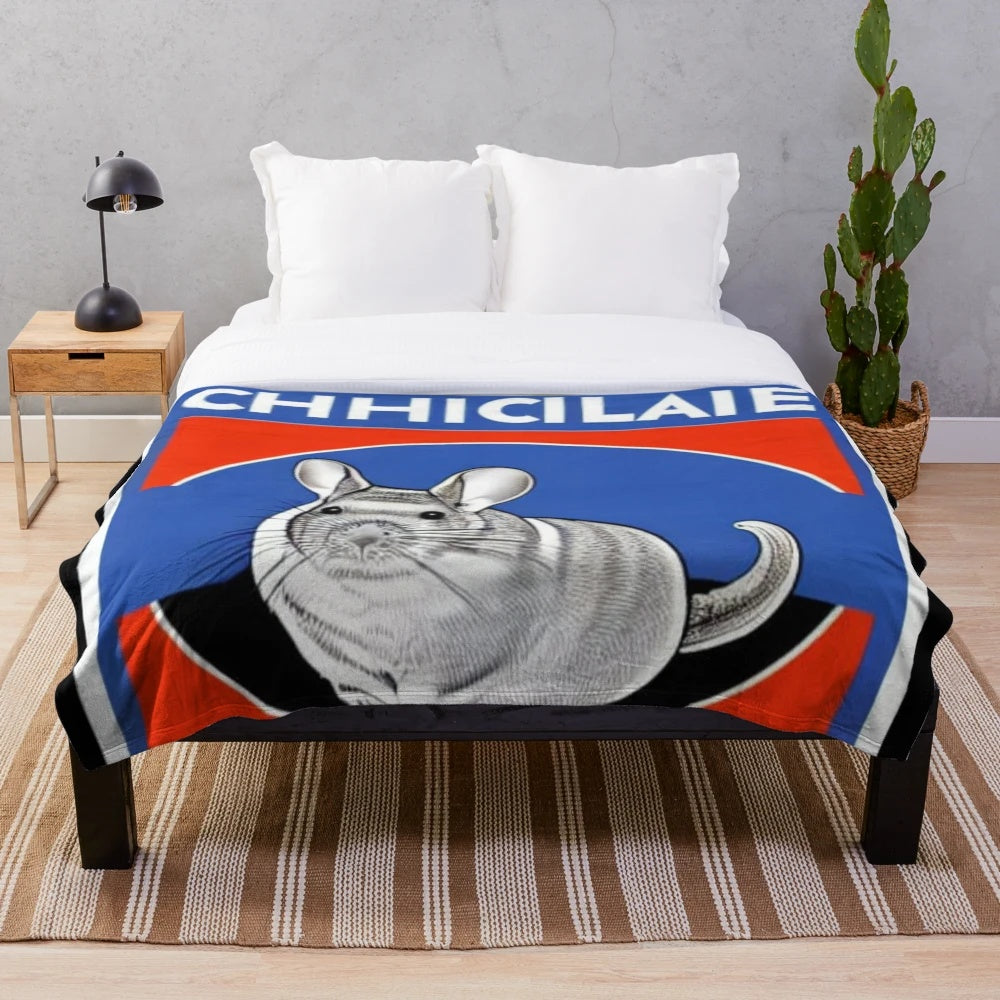 Chinchilla wearing sunglasses and surrounded by colorful pop art design on a plush blanket