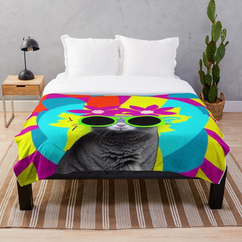 A colorful plush blanket featuring a chinchilla wearing sunglasses and floral accents in a pop art style.